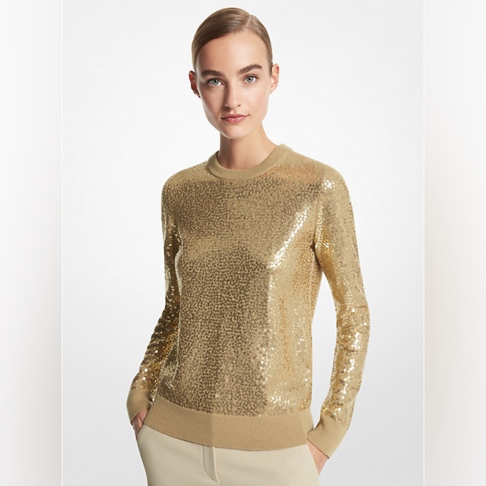 NWOT Michael Kors COLLECTION Gold Sequined Cashmere Sweater Size: Small